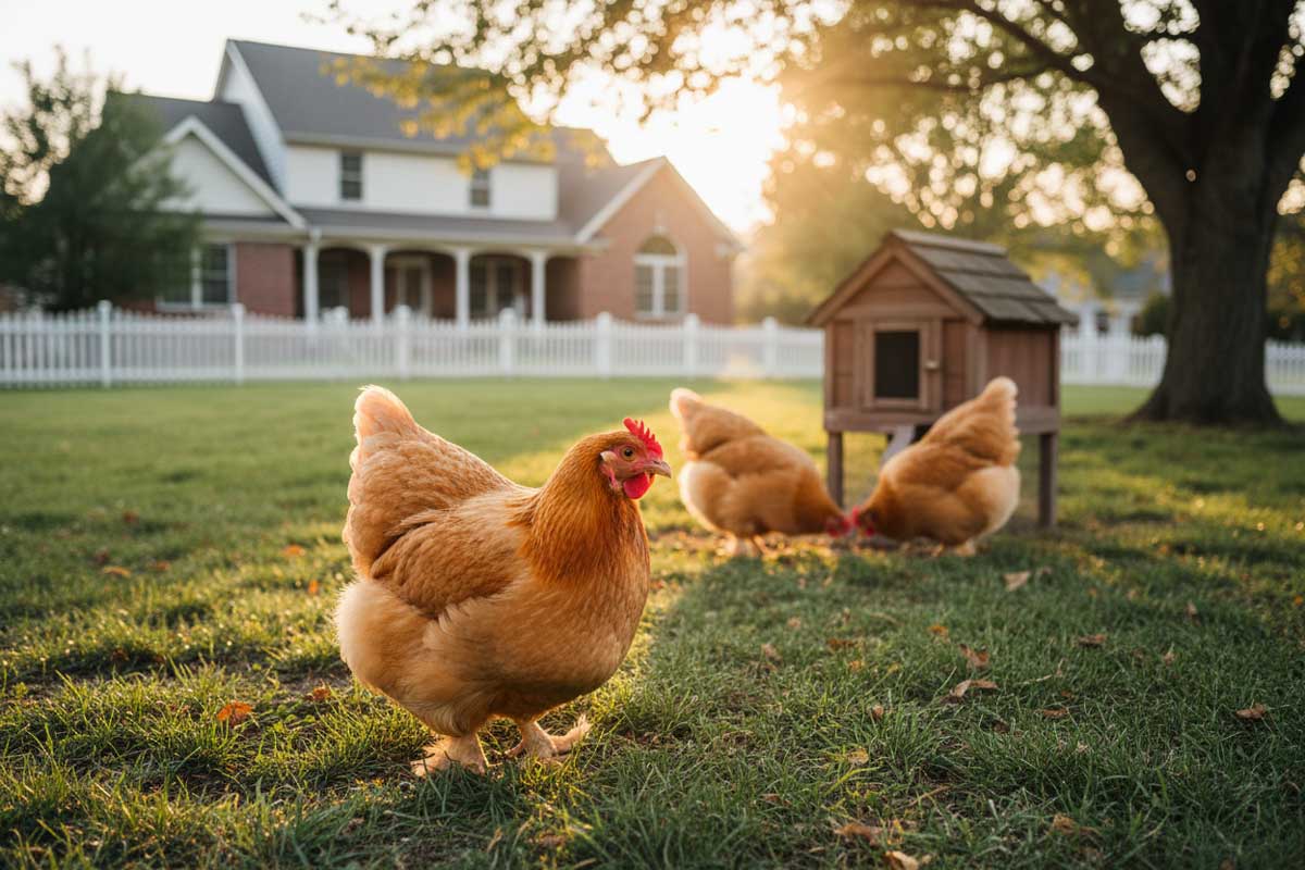 Buff Orpington hen standing in green backyard grass