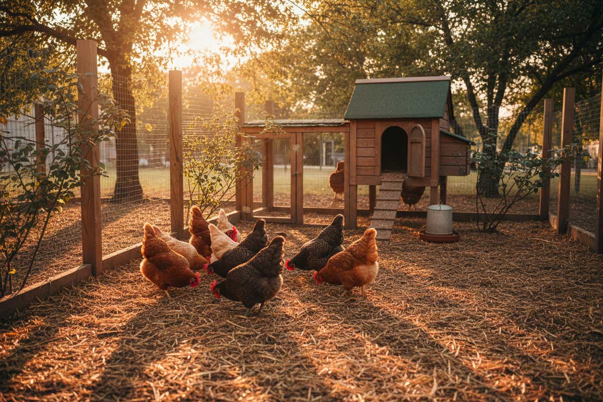 Chicken run space with hens walking and scratching