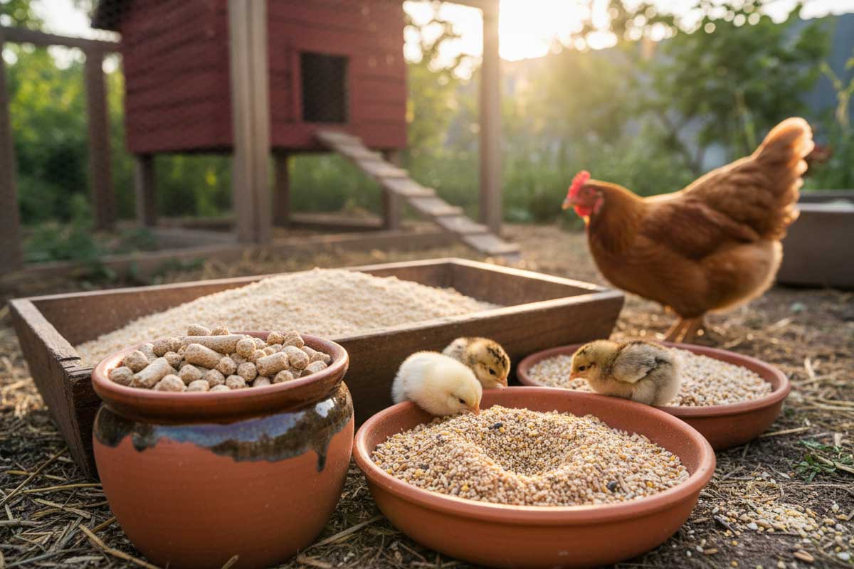 Different chicken feed forms: crumble, pellet, mash