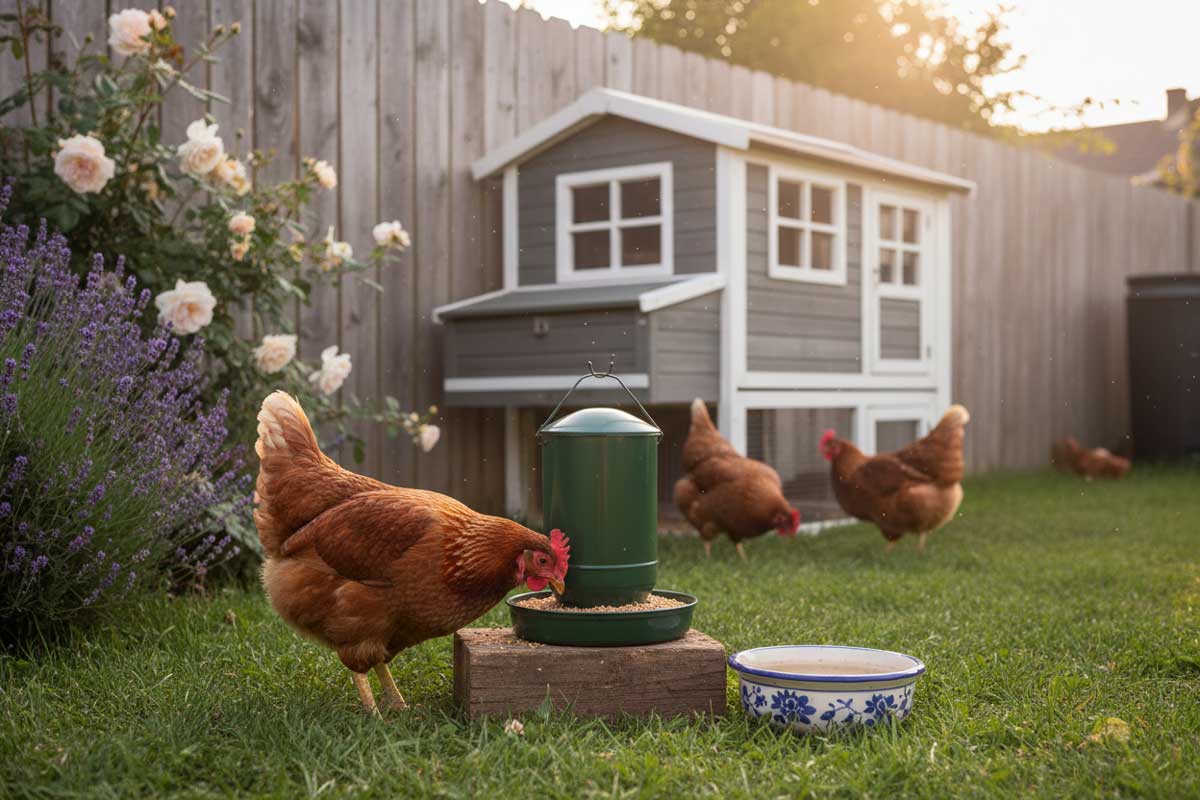 Chicken eating from a feeder