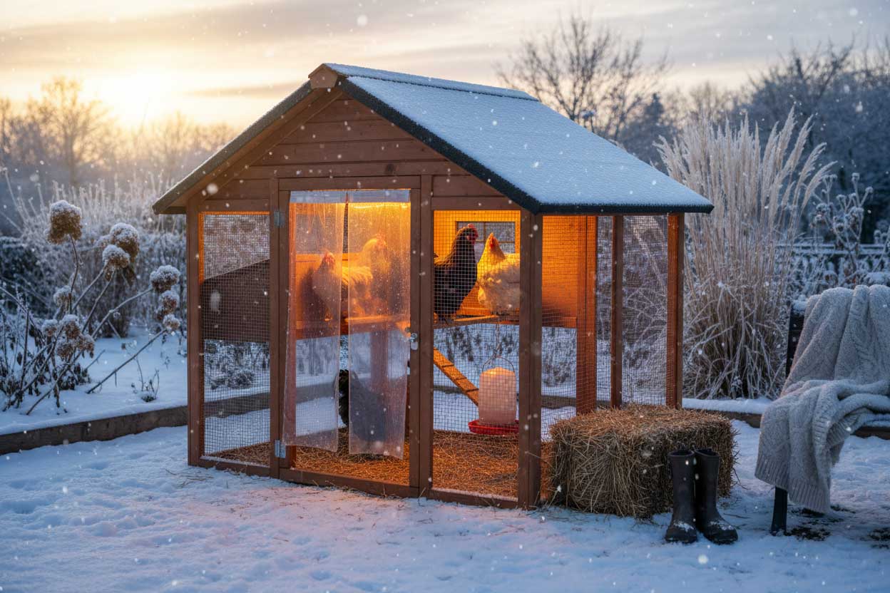 Coop interior with timer light for winter laying